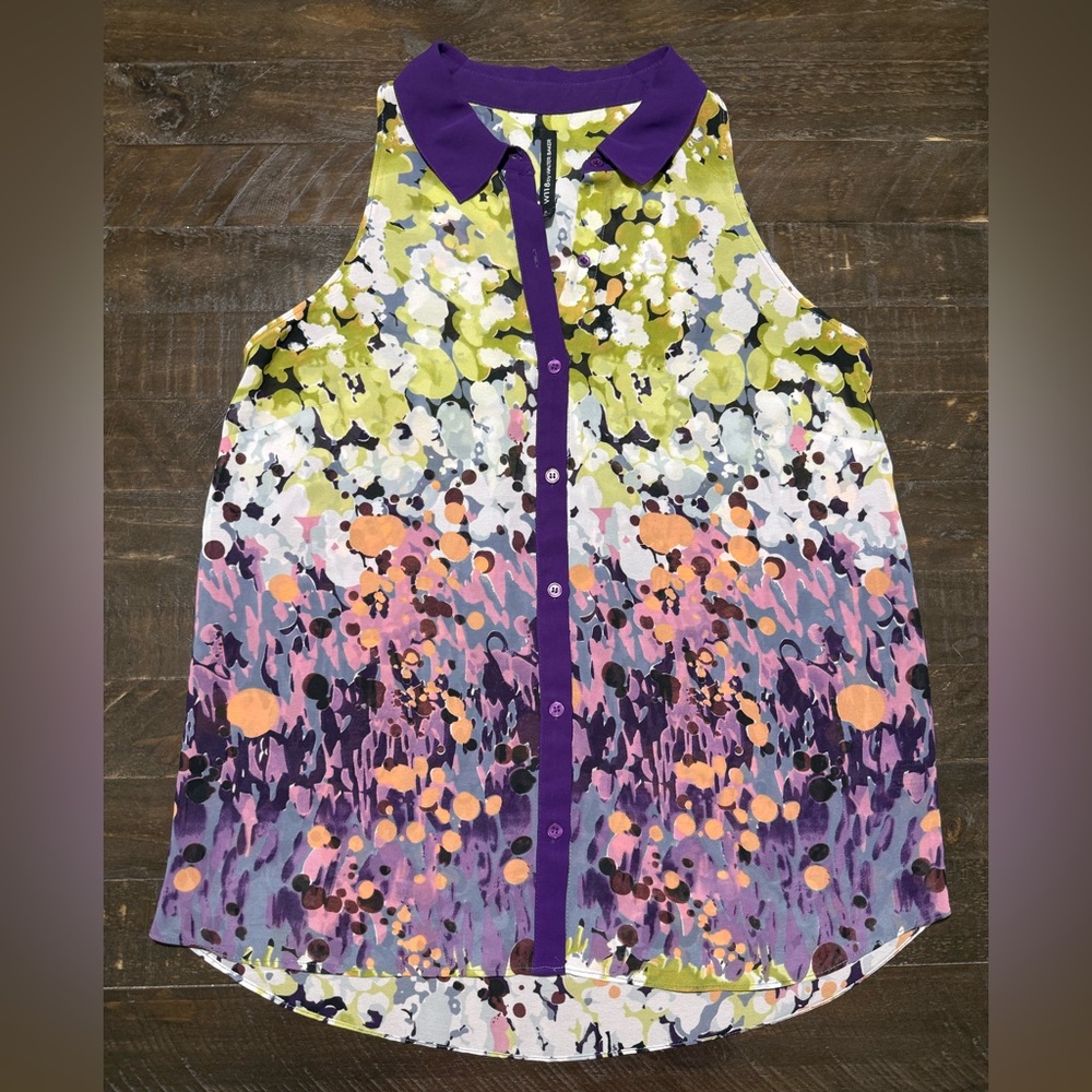 W118 Walter Baker Purple Green Floral Watercolor Sleeveless Button Up Blouse S